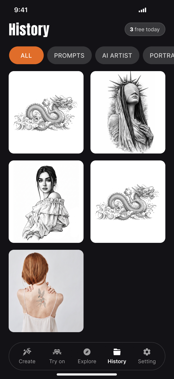 InkSight history screen with saved tattoo designs