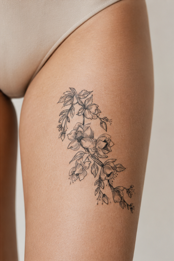 Floral tattoo try-on on outer thigh